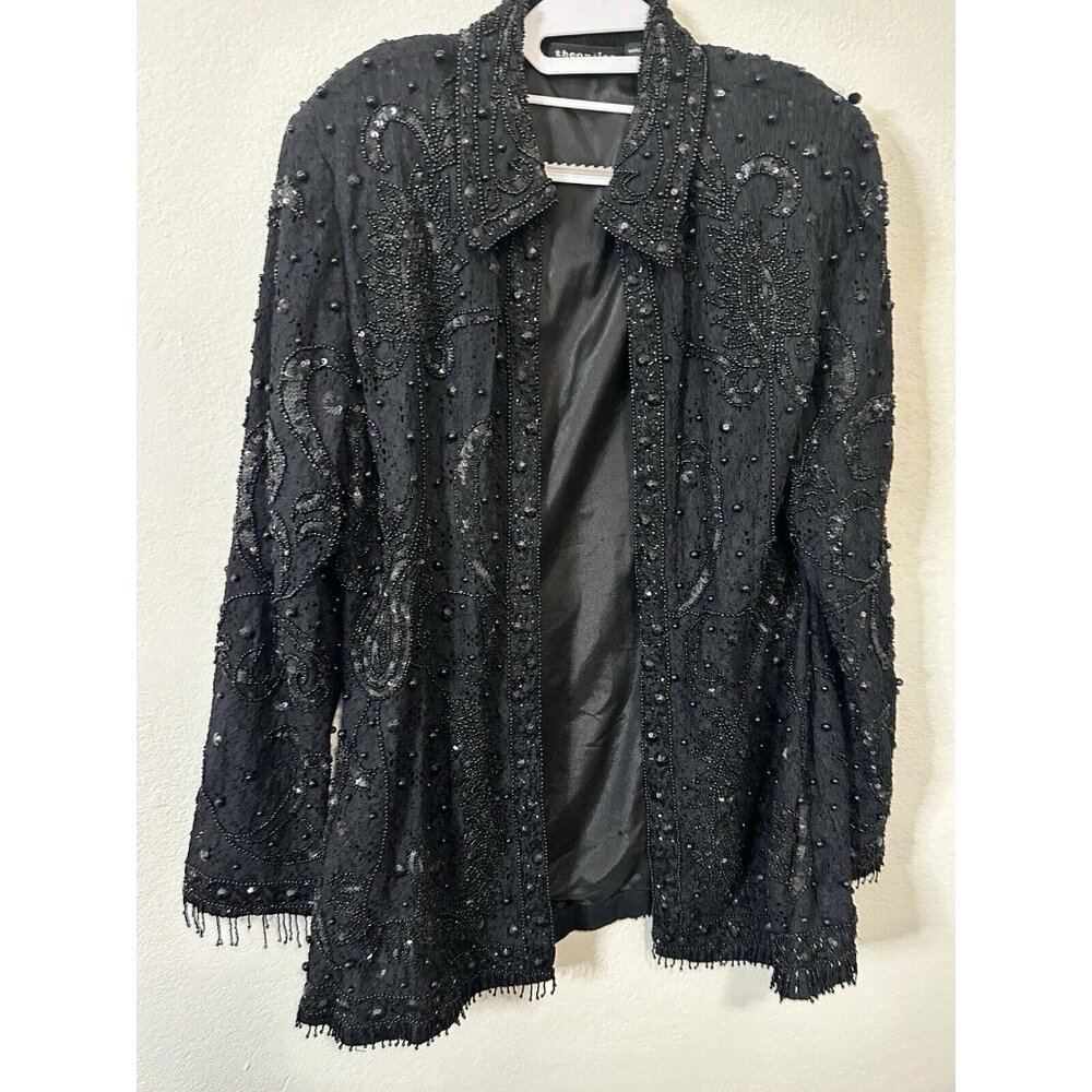 Vintage Theomiles Black Beaded Open Front Heavy Jacket Size XL
